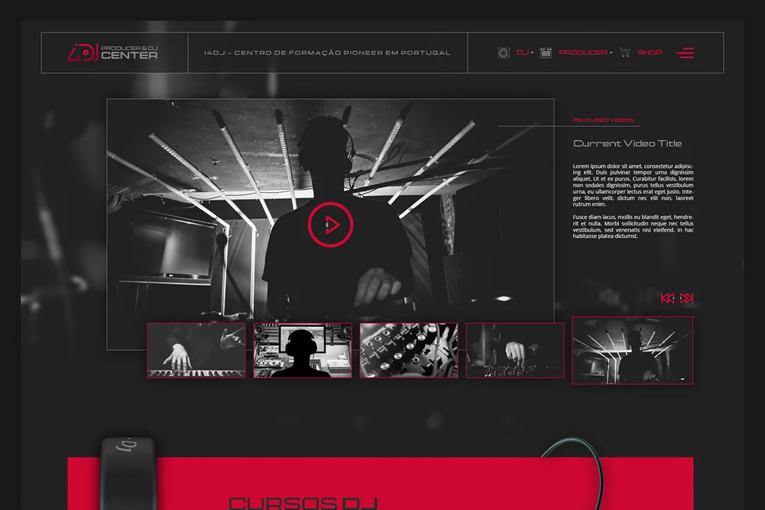 ci4DJ & store4DJ — dark DJ school web page with video player, thumbnail strip and red Cursos DJ banner