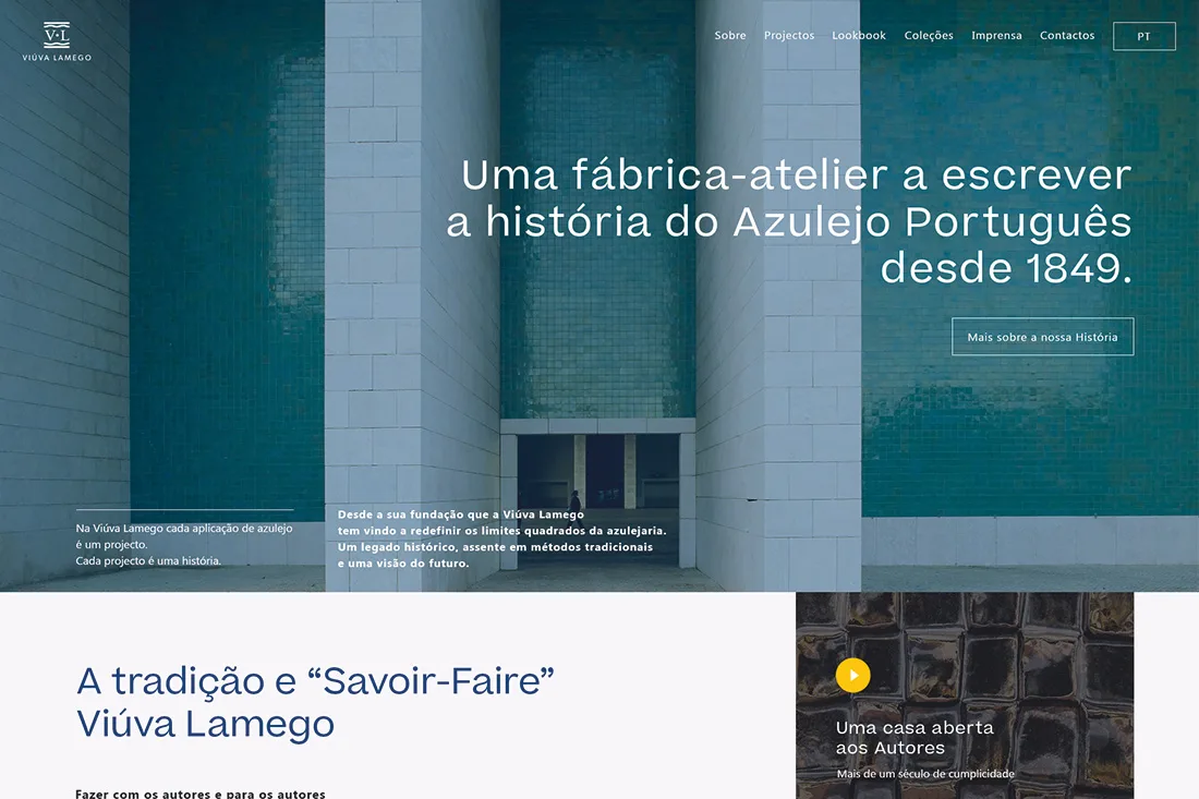 Viúva Lamego — website homepage hero over a tiled facade, headline about the Portuguese azulejo since 1849