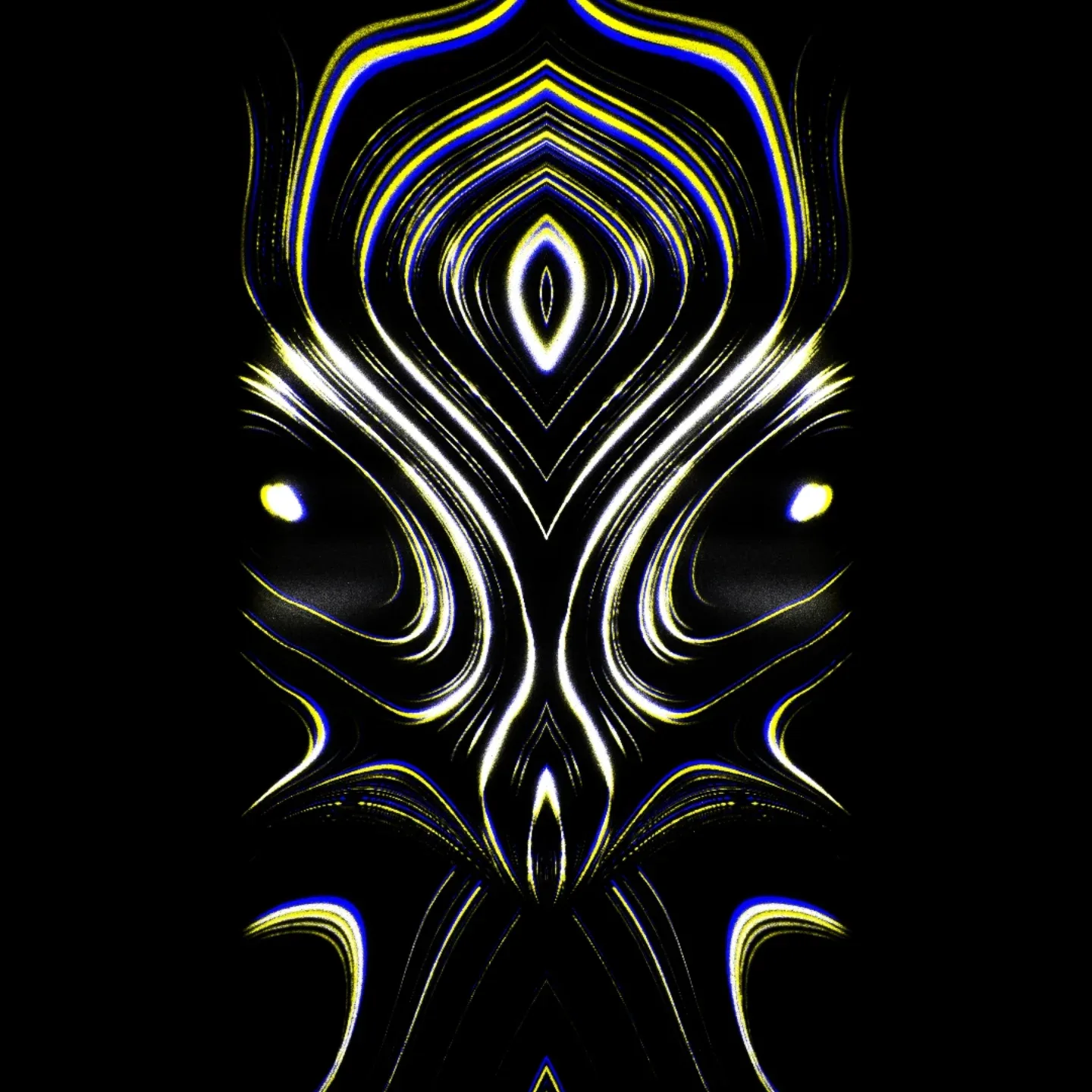 plejaren — symmetrical yellow, blue and white light ribbons forming a mask-like shape on black