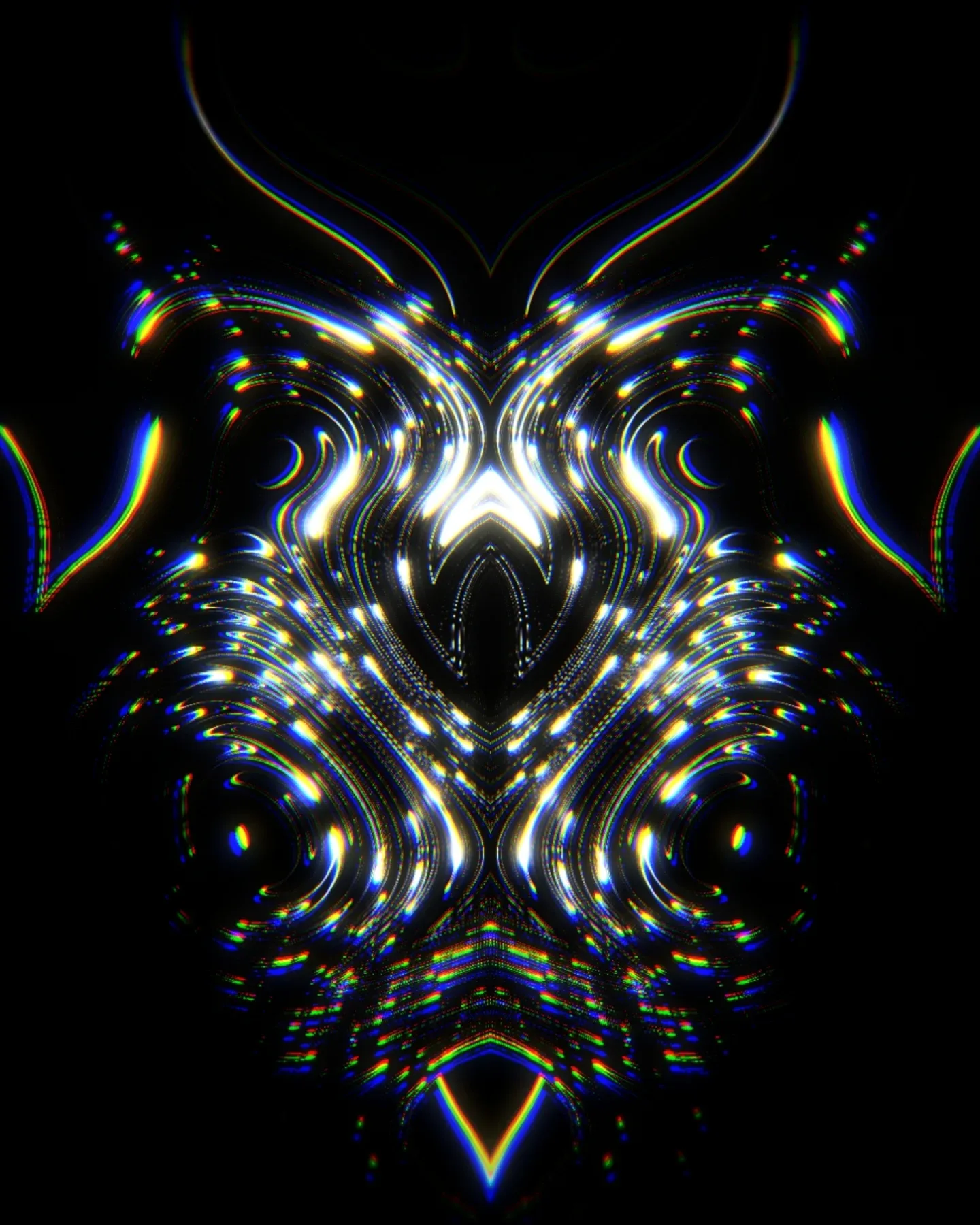 theebird — symmetrical iridescent chrome swirls forming an owl-like figure on black